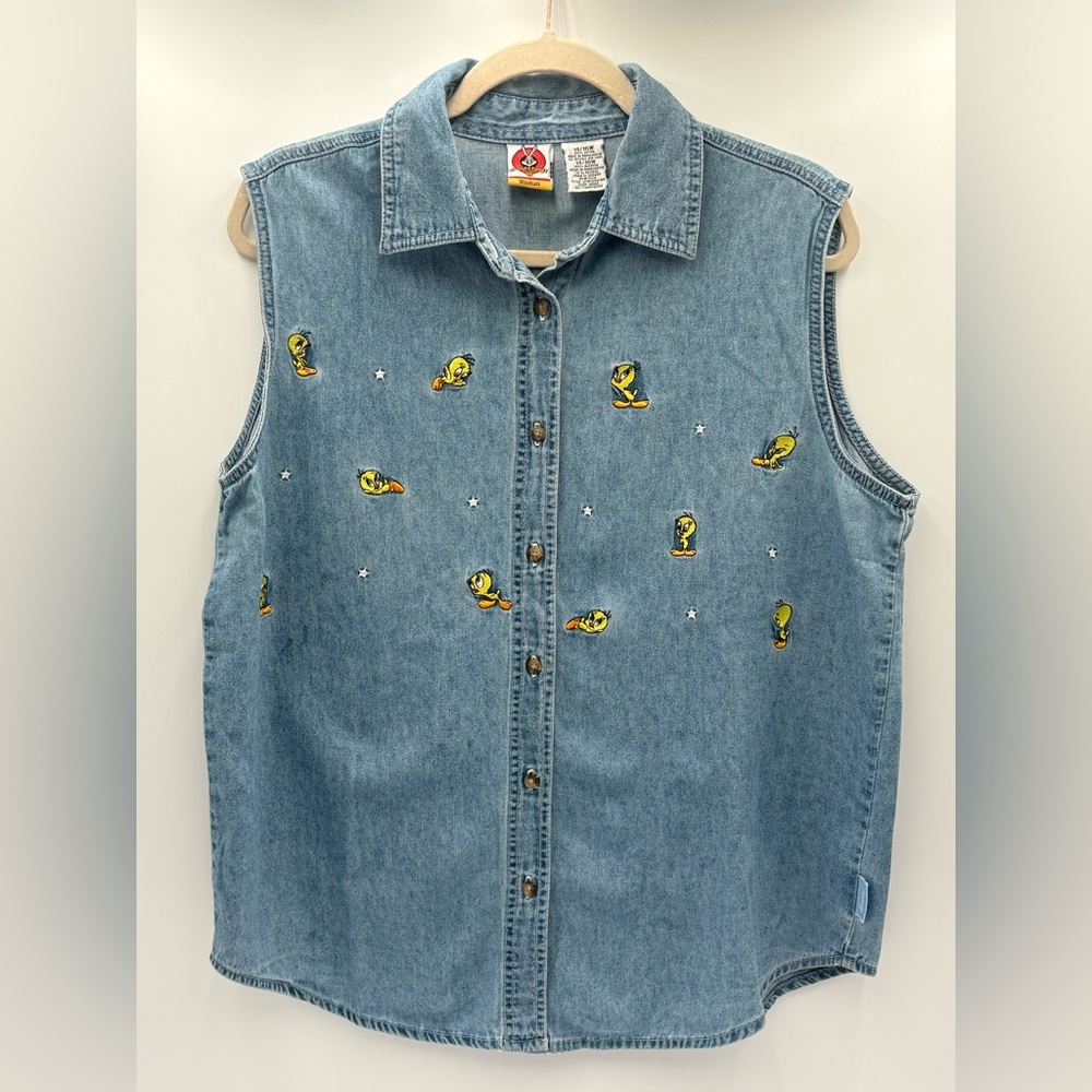 Vintage 2000 Looney Tunes‎ Tweety Bird Denim Button Up Shirt Women 14/16W